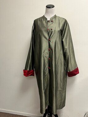 Custom vintage FATTO A MANO coat silk green red duster M L XL knot buttons